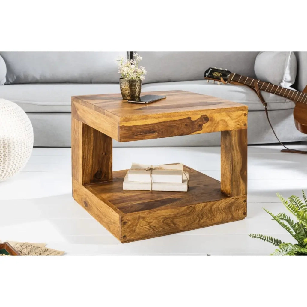 Tavolino GRADI 45 cm in legno massiccio di Sheesham - Tavolino quadrato compatto con vano portaoggetti
