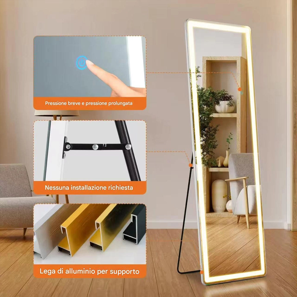 Specchio da terra grande figura intera con luci LED 160 x 50 cm Pulsante Touch