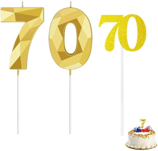 Candele per compleanni in oro - Accessori per compleanni - 70° Compleanno - 2 pezzi - 10,8 x 3,5 cm - Unisex - Candele per compleanni