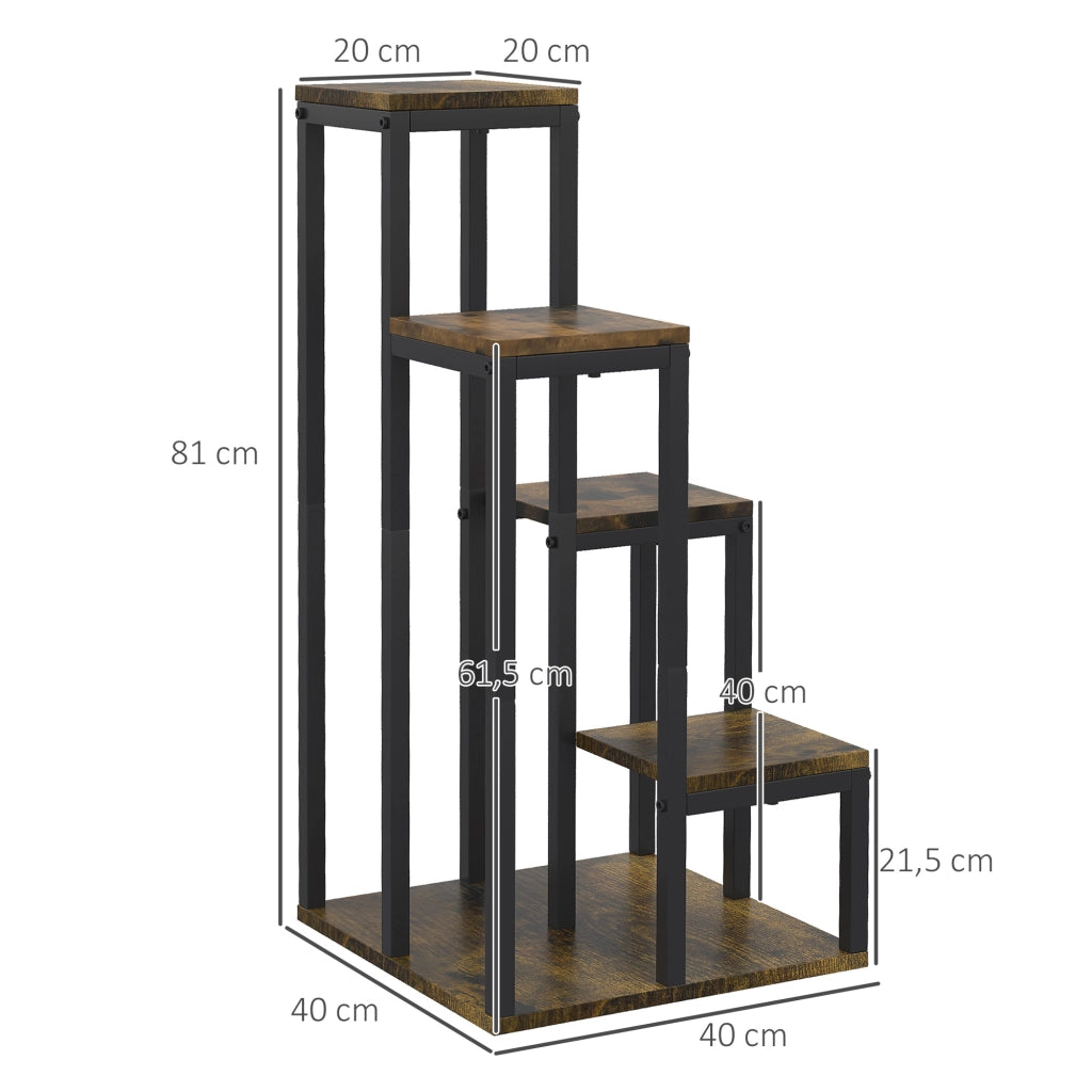 Porta piante a 4 livelli in legno truciolare marrone 40x40x81 cm, scaffale salvaspazio per interni e esterni