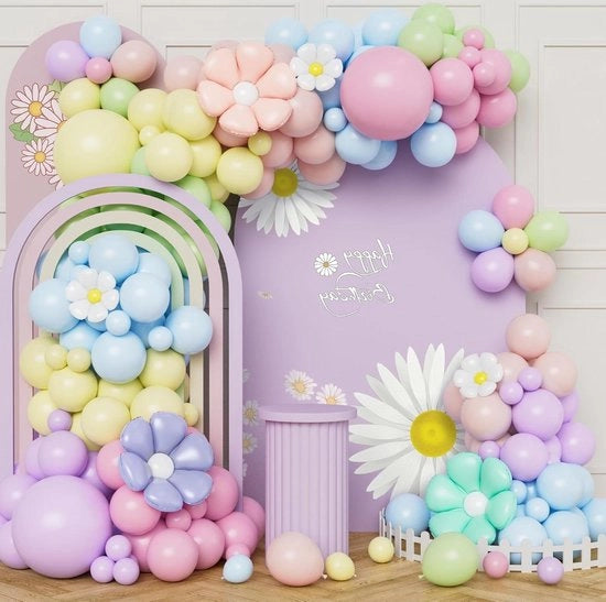 Kit di decorazione per compleanni con slittino di palloni pastello - 118 pezzi - kit di palloni slittino - pallone con foglia di fiore di margherita - compleanno per bambine - baby party - giardino