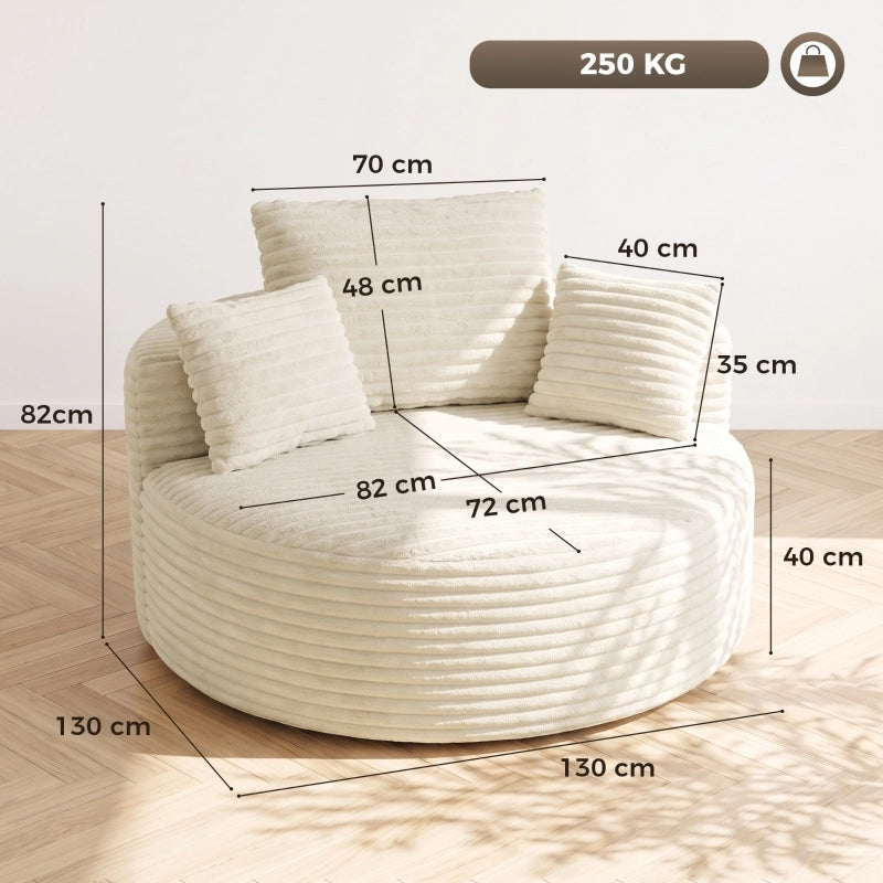 Fauteuil in tessuto a coste con seduta extra ampia e profonda senza telaio e 4 cuscini, crema 250 kg