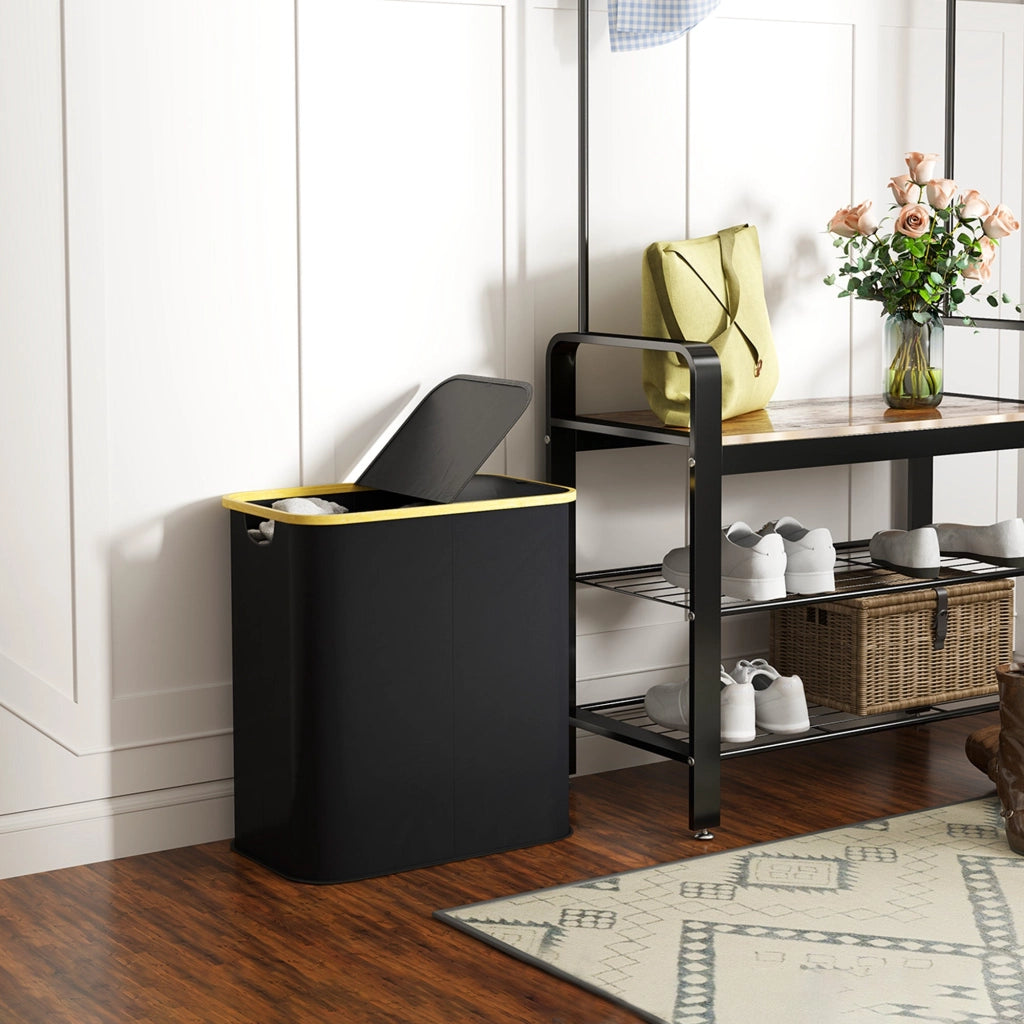 Cesto Portabiancheria da 80L a 2 Sezioni con Coperchio 54x34x58,5 cm in Tessuto non Tessuto e Bambù Nero
