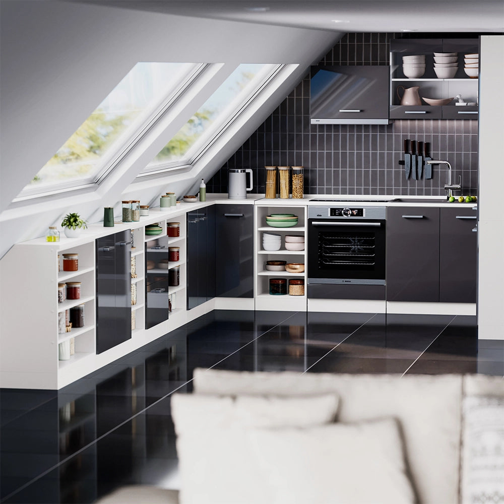 Mobile cucina sottotetto R-Line Antracite lucido/Bianco 80 cm con 2 porte, carcassa 60 cm profondità Vicco