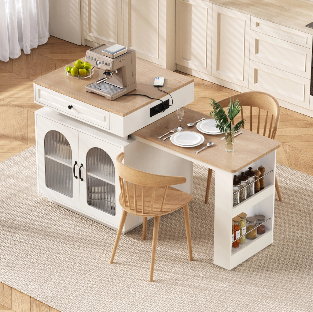 Isola cucina con tavolo estraibile LED e prese, bianca