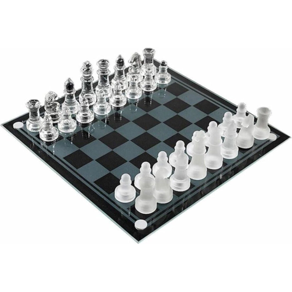 Set Scacchi in Vetro 20 x 20 cm Scacchiera Moderna Gioco Classico con 33 Pezzi Bianco e Nero
