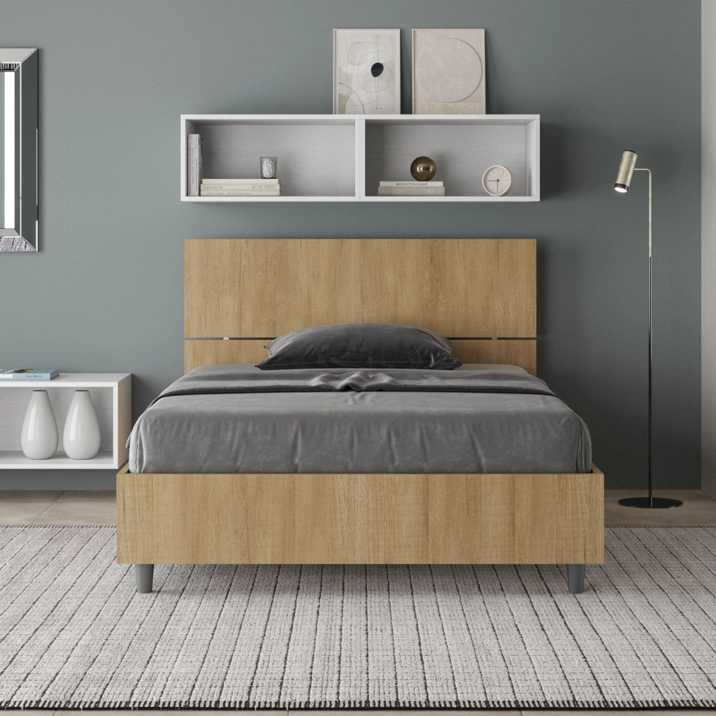 Letto 1 Piazza e Mezzo 120x200 cm con Rete e Contenitore Testata Inclinata Demas Quercia Natura