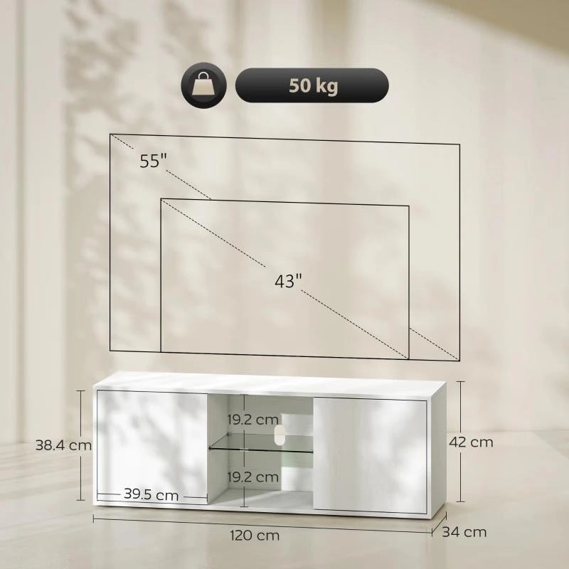 MOBILE PORTA TV FINO A 55" SOSPESO O A TERRA, ANTE SOFT CLOSE, FORO PASSACAVI E RIPIANO IN VETRO, BIANCO