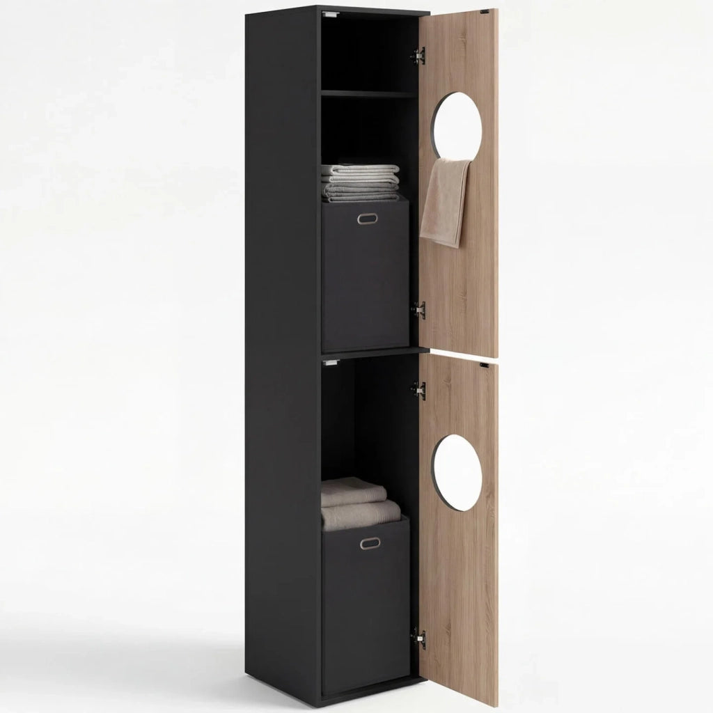IDMarket - Armadio portabiancheria per lavanderia, colonna da bagno WALLIS nero e finitura effetto faggio