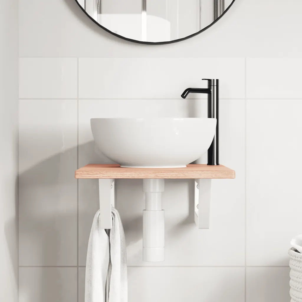 Ripiano a Parete per Lavabo in Acciaio e Massello di Rovere