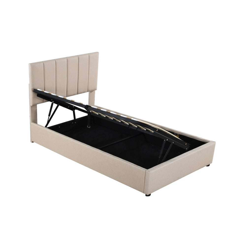 Letto per Bambini Contenitore 90 x 200 cm; Letto Singolo con Vano Idraulico e Testiera Regolabile; senza Materasso; Beige