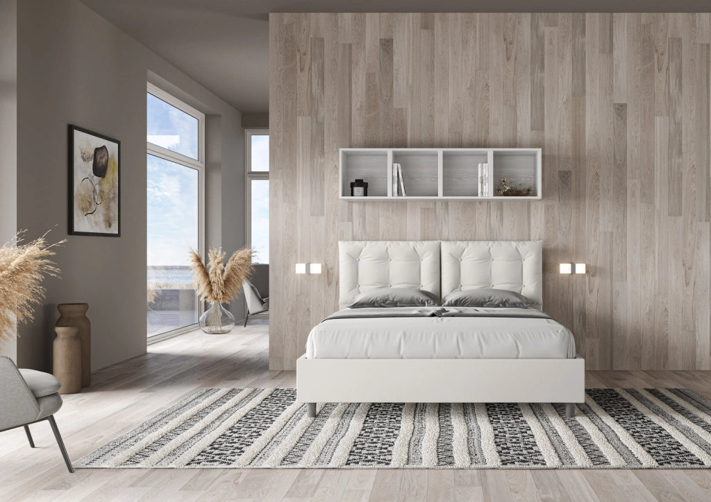 Letto Matrimoniale 160x210 cm con Rete e Contenitore con Alzata Comoda Imbottito in Similpelle Annalisa Bianco