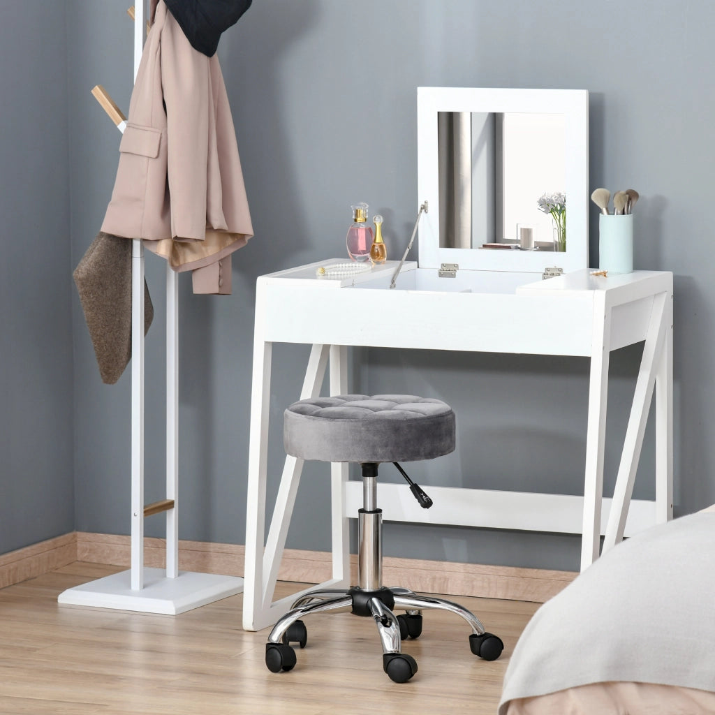 Sgabello da salone regolabile girevole con rotelle e rivestimento effetto velluto in poliestere grigio chiaro Ø35 × 49-61 cm