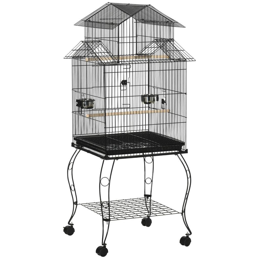 Gabbia per Uccelli da Interni in Legno con Vassoio, 4 Ruote e Trespolo, 50x49x137cm