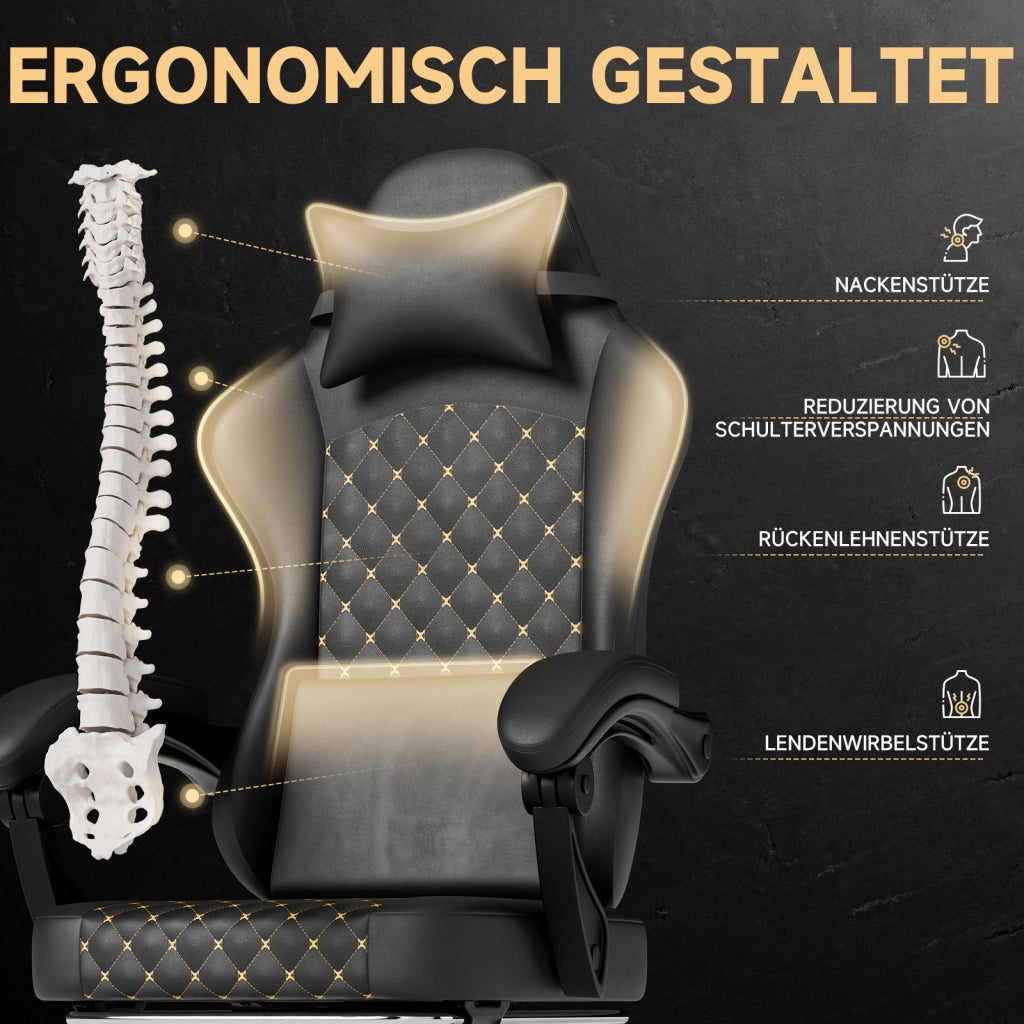 SEDIA GAMING Ergonomica in pelle nera, schienale reclinabile, supporto testa e lombare