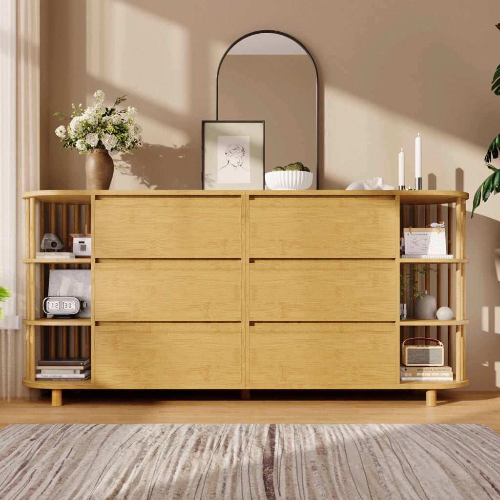 CREDENZA 160x40x75 cm in MDF e bambù effetto quercia, 6 cassetti e ripiani aperti