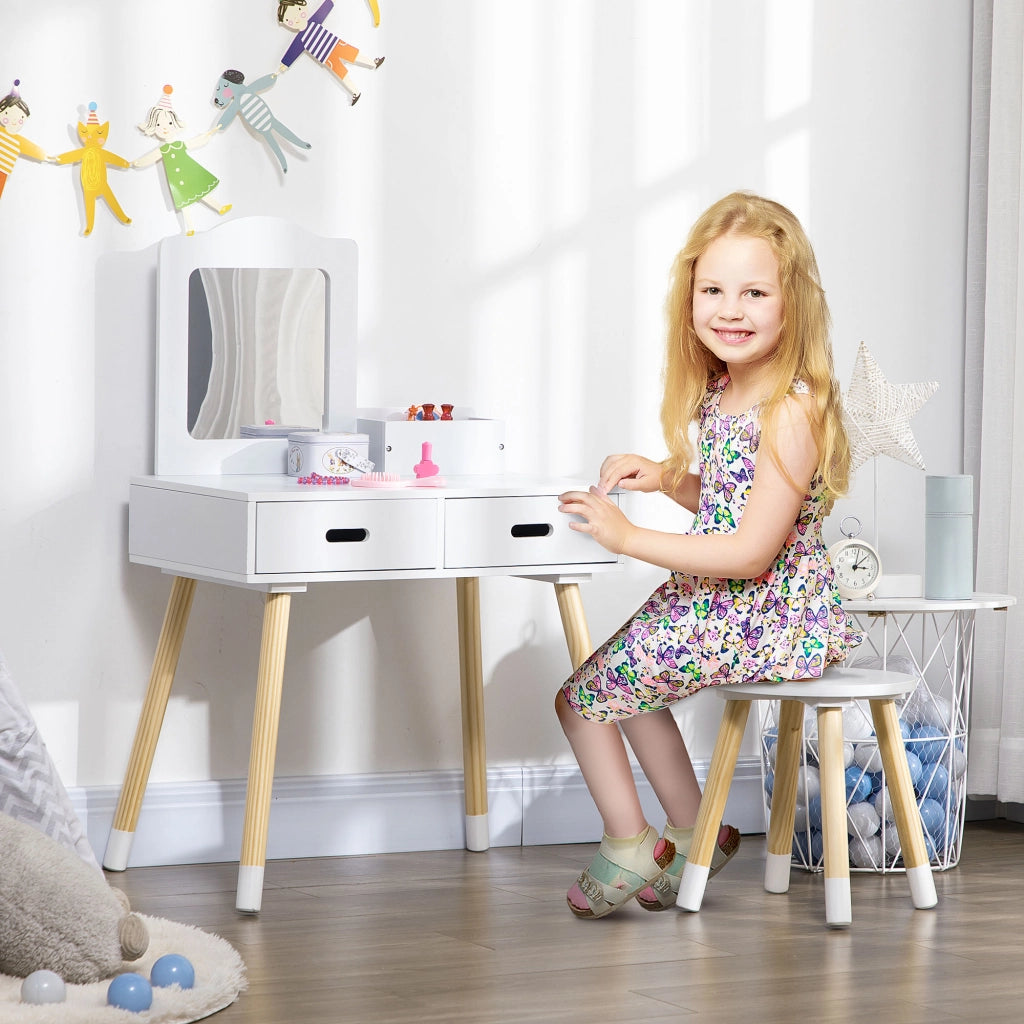 Tocador per Bambini con Specchio e 2 Cassetti ¨C zephmum ¨C Bianco 60x40x95cm