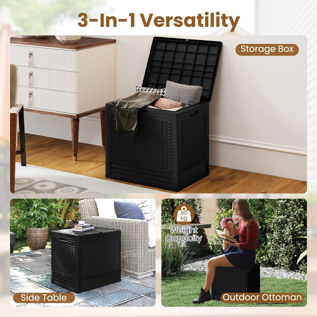 Contenitore da 96L, Scatola da Terrazza in PP Impermeabile per Uso Interno ed Esterno, Contenitore con Design in Rattan Chiudibile a Chiave per Consegna Pacchi (Nero)