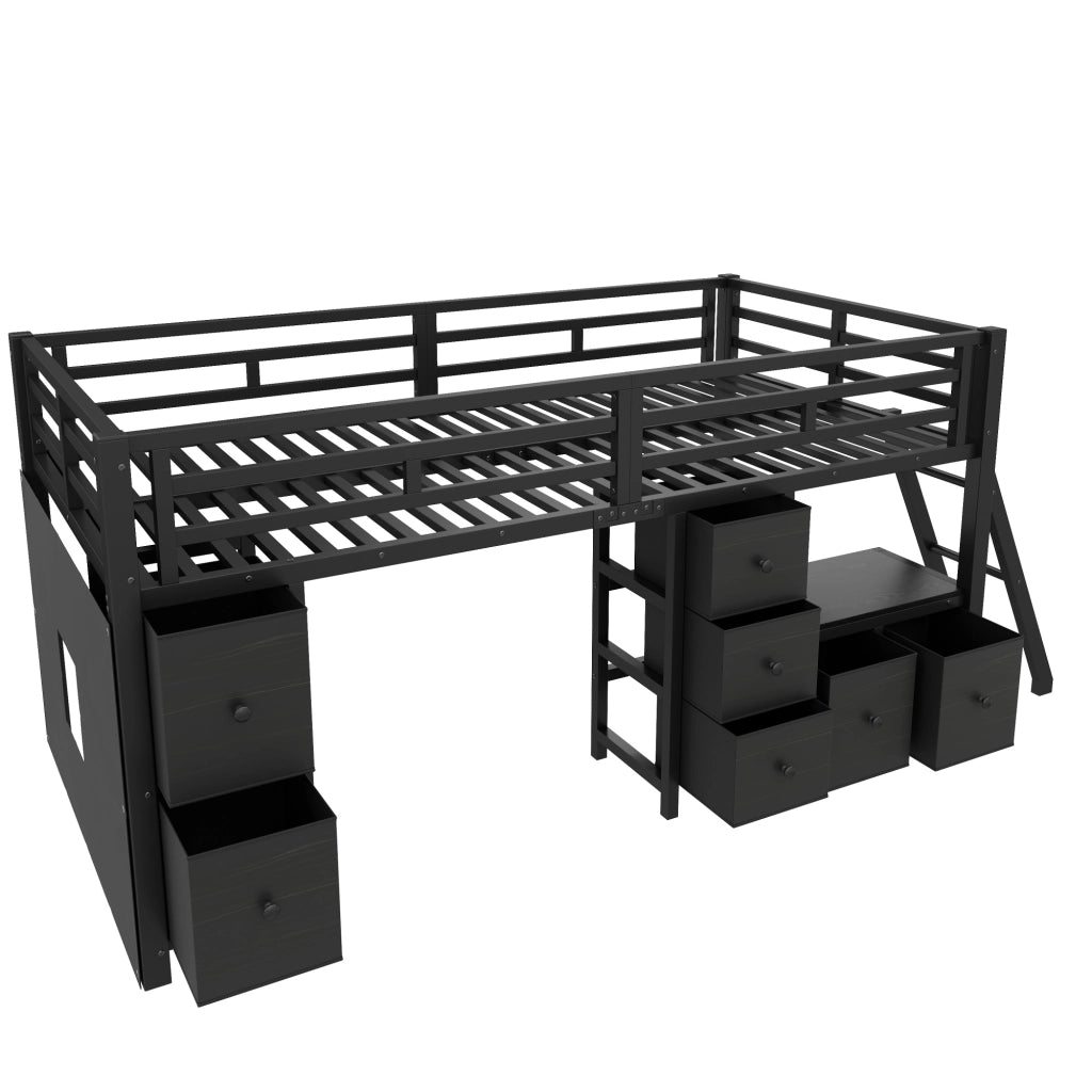 Letto rialzato per bambini 90x200 cm con 7 cassetti, libreria e luce LED