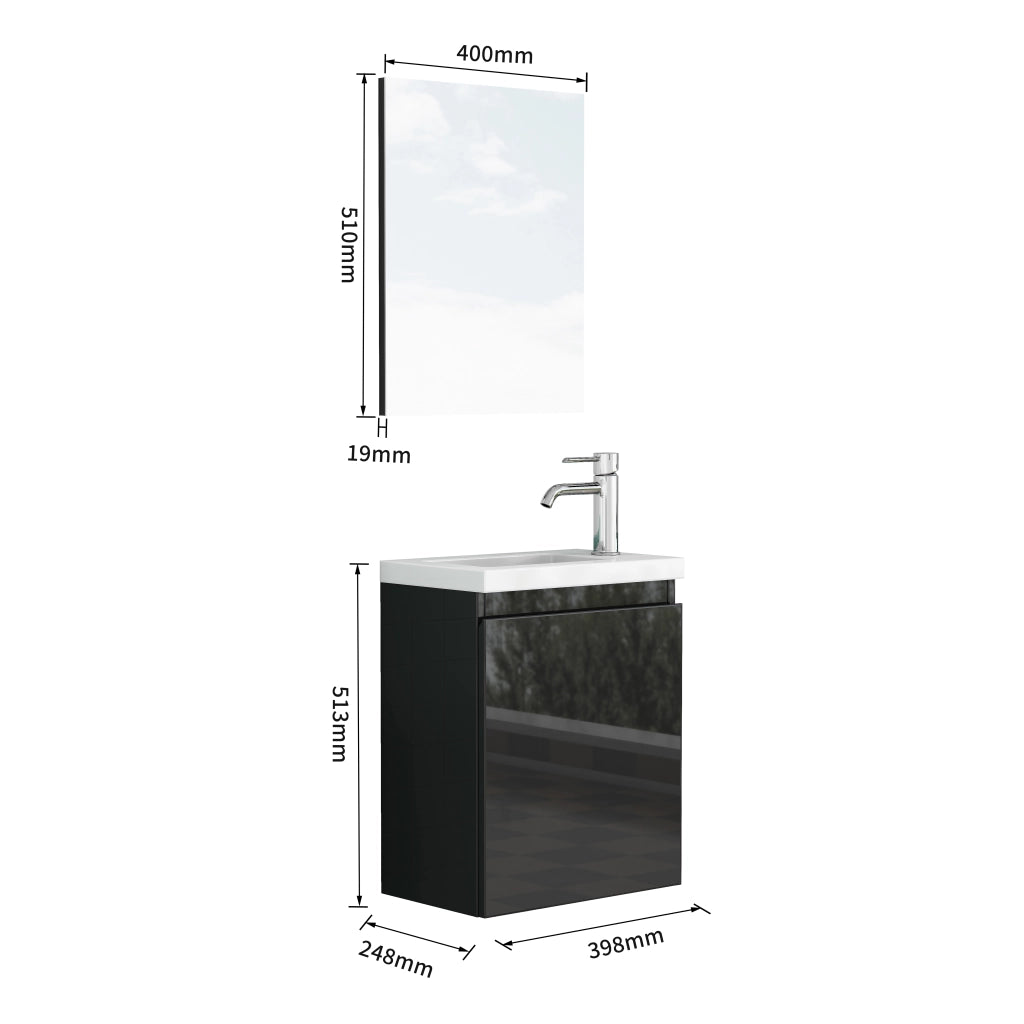 Mobile bagno sospeso con lavabo in ceramica e specchio; chiusura ammortizzata; per bagno; in MDF; nero lucido