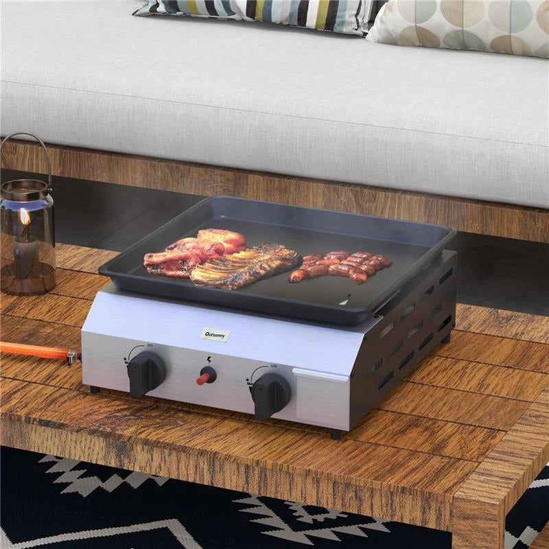 PIASTRA BARBECUE A GAS CON 2 BRUCIATORI, PIANO ANTIADERENTE E POTENZA 4.8KW, ARGENTO