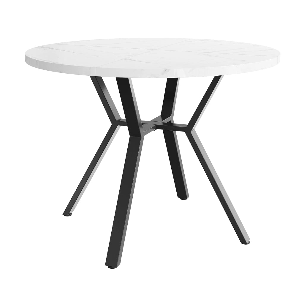 Tavolo da pranzo rotondo con piano effetto marmo e base in metallo a x per sala da pranzo