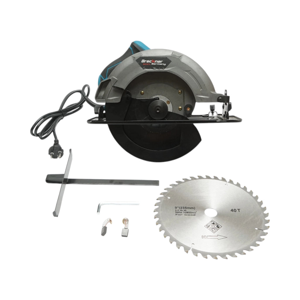 Sega circolare manuale da 2000 W, 220 V, disco da 235 mm, angolo di taglio da 0 a 45°, velocità 4100 giri/min. Breckner Germany