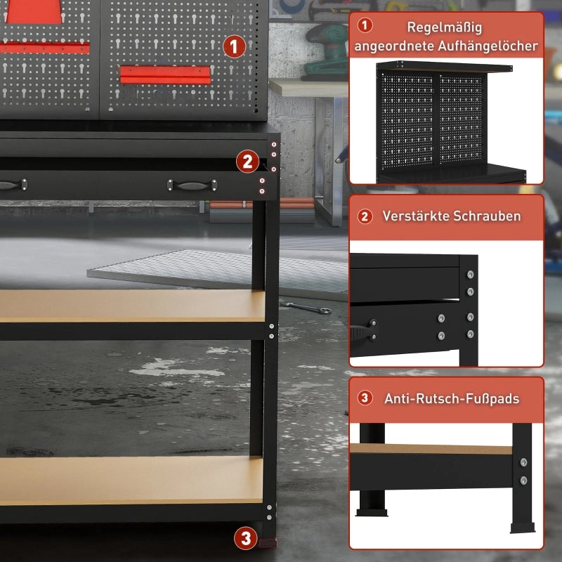 BANCO DA LAVORO con pannello forato 99,5x52x155 cm nero legno e metallo