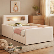 Letto imbottito per bambini 90x200 cm con luce LED; porta USB e cassetti; beige
