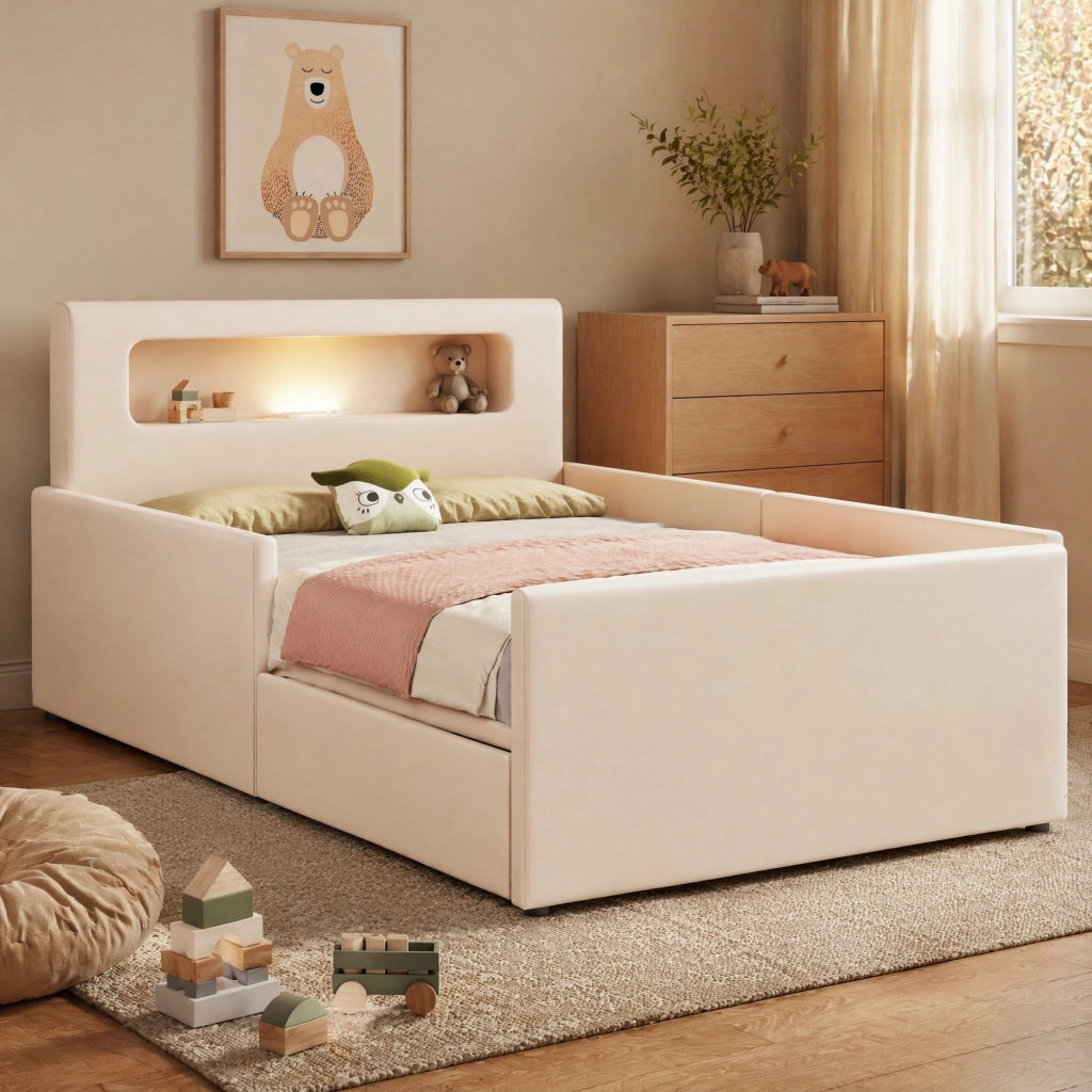 Letto imbottito per bambini 90x200 cm con luce LED; porta USB e cassetti; beige