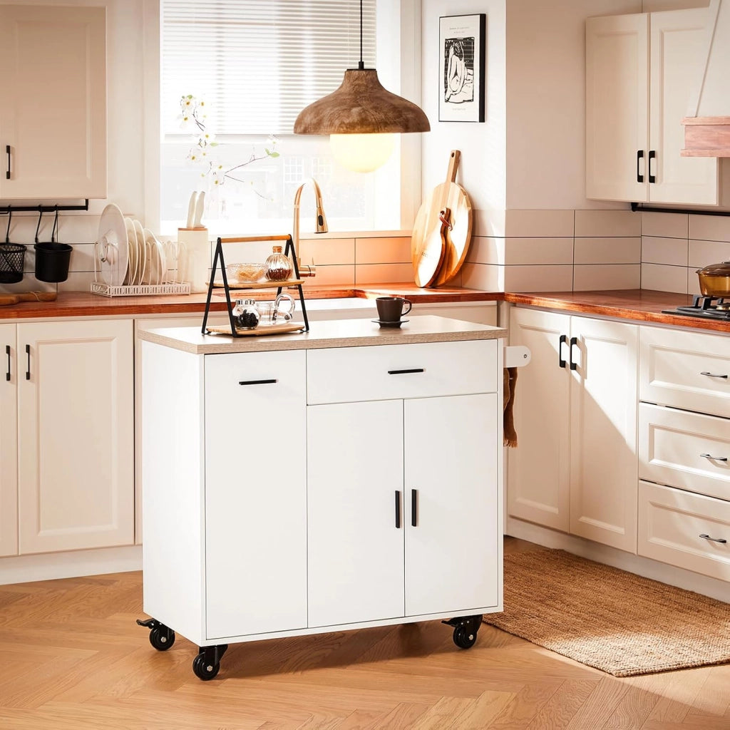 Carrello Cucina Isola Cucina con Ruote Mobile da Cucina Salvaspazio con Cassetti, Penisola Cucina con Piano Lavoro - Mobile Cucina con Ruote Portatutto Bianco 105x46x92 cm FKW126-WN