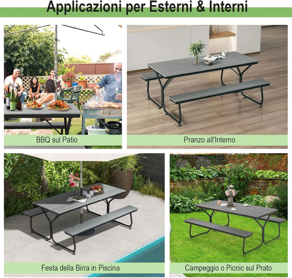 Tavolo da Pranzo 183 CM con 2 Panche per 8 Persone, Set da Picnic in Metallo e HDPE con Foro per Ombrellone, per Giardino Terrazzo (Grigio)