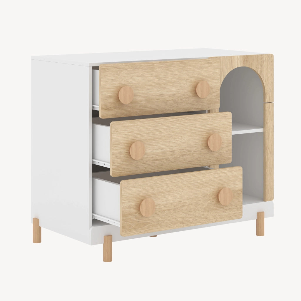 Cassettiera Vaarentaa per Cameretta con 3 Cassetti e 2 Vani Aperti 79x41x66 cm - Bianco/Effetto Rovere [en.casa]