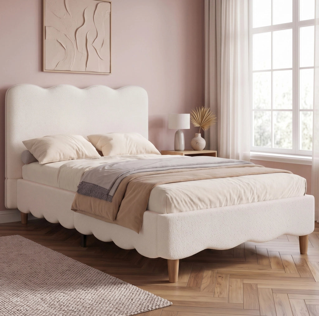 Letto singolo imbottito 90x200 cm con rete e testiera in bouclé bianco