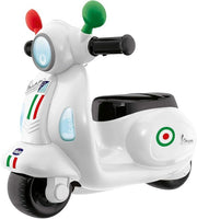 Vespa per Bambini Primavera Bianca, Moto Giocattolo Cavalcabile con Pannello Elettronico, Luci e Suoni, Ruote di Support