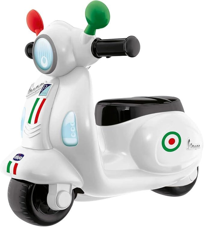 Vespa per Bambini Primavera Bianca, Moto Giocattolo Cavalcabile con Pannello Elettronico, Luci e Suoni, Ruote di Support