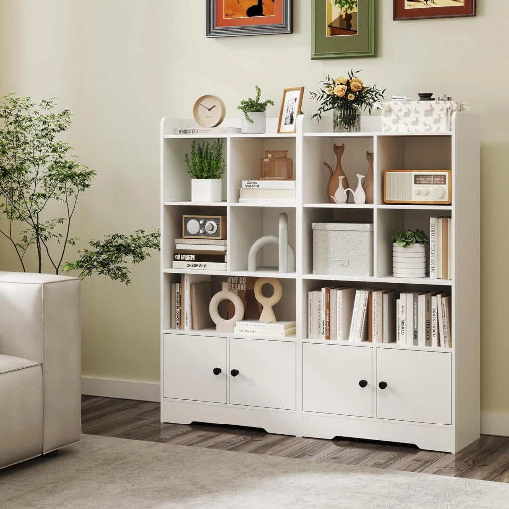 Libreria con Ante, Armadio di Stoccaggio con 5 Scomparti e 2 Armadi, Mobile Espositore Autonoma per Soggiorno Camera da Letto Studio, 60 x 29,5 x 120 cm
