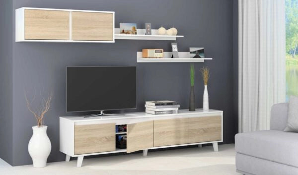 Mobile Soggiorno Avant 200x41x50h (base) bianco lucido/rovere canadian