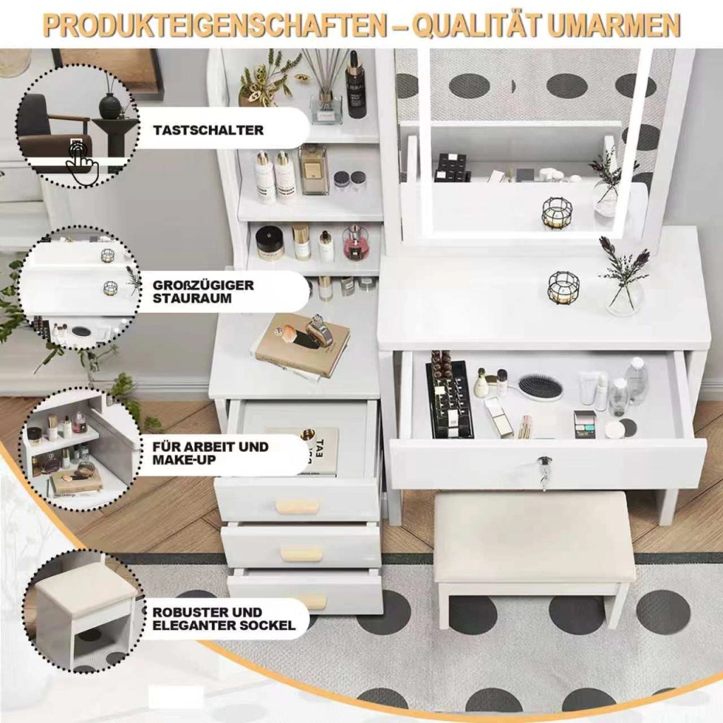 TOELETTA con specchio LED e sgabello, 4 cassetti, bianco