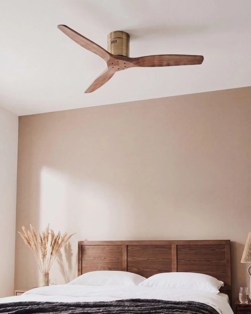 Ventilatore con base in metallo e pale in legno, marrone, con telecomando e timer, per soggiorno e camera da letto