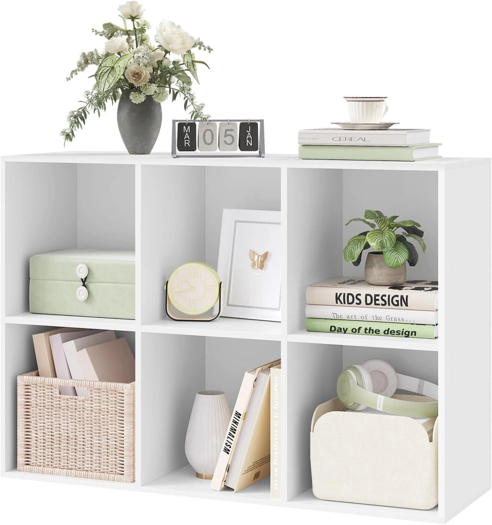Libreria Bianca con 6 Cubi Portaoggetti, Scaffale in Legno Multiuso, Mobiletto Salvaspazio per Soggiorno, Camera da Letto, Ufficio 59.6X29X89cm, SK002ws3