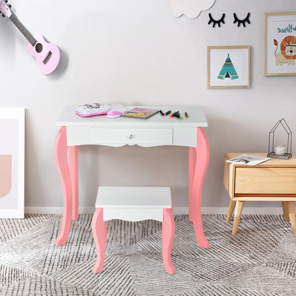 Set tavolo toeletta e sgabello per bambini con specchio girevole a 360¡ã e 3 cassetti, Tavolo da trucco Bianco-Toelette per bimbi