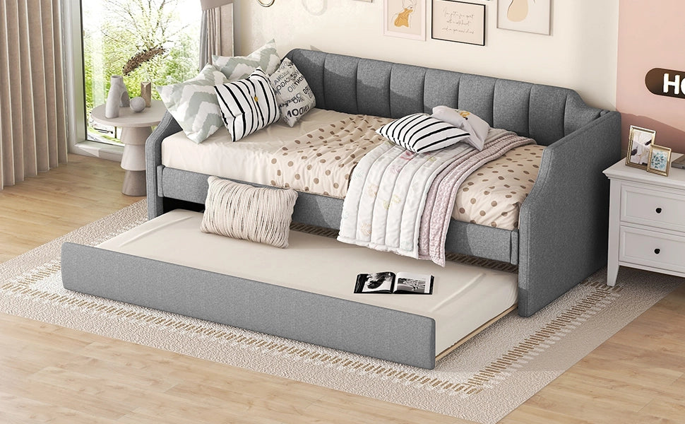 Letto giorno imbottito con letto estraibile in cotone lino grigio 90x200 cm