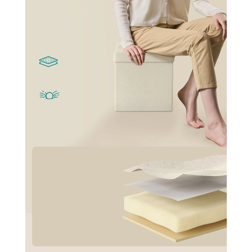 Pouf contenitore pieghevole bianco panna in simil lino