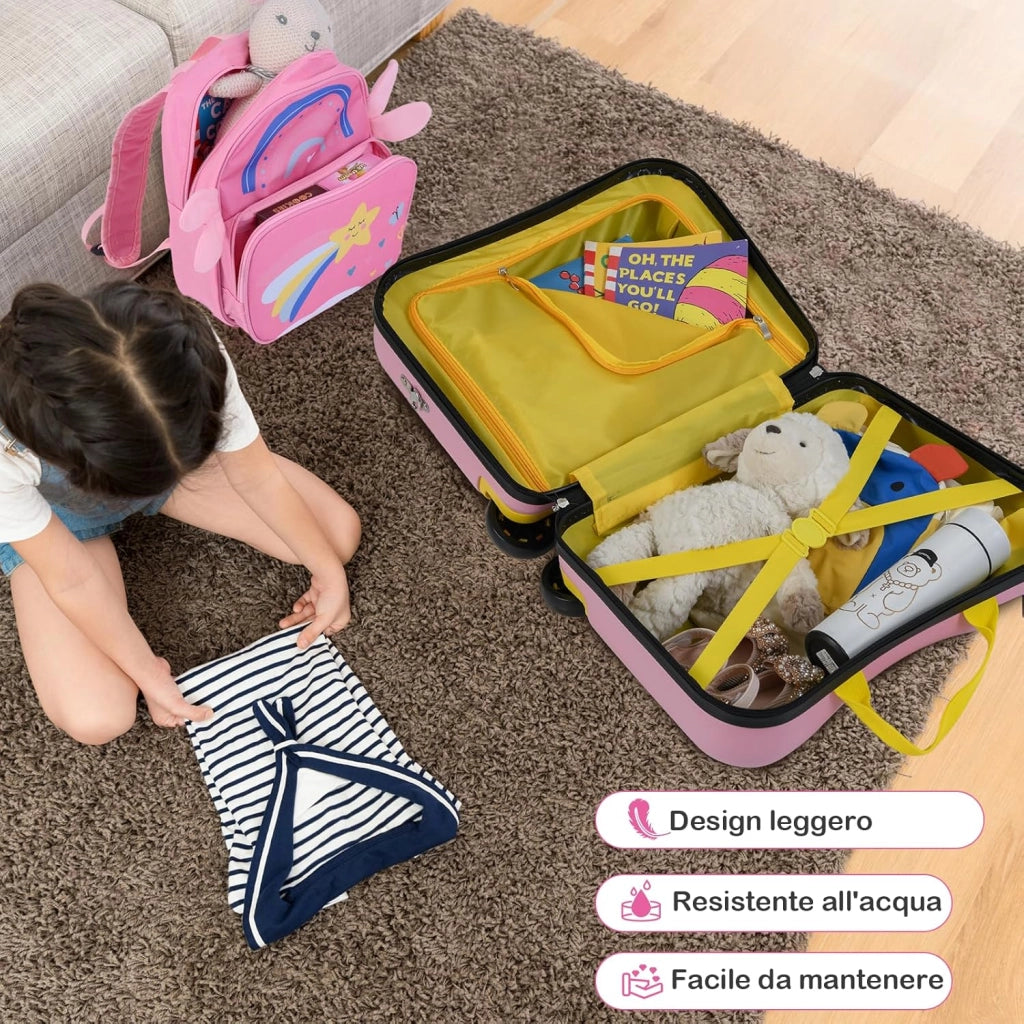 Valigia Cavalcabile per Bambini, 18" Valigia+ 12" Zaino,2 Pezzi, Trolley Bambini Bagaglio a Mano con Ruote Girevoli e Maniglia Retrattile, 2 Cingie Multiuso (Modello 10)