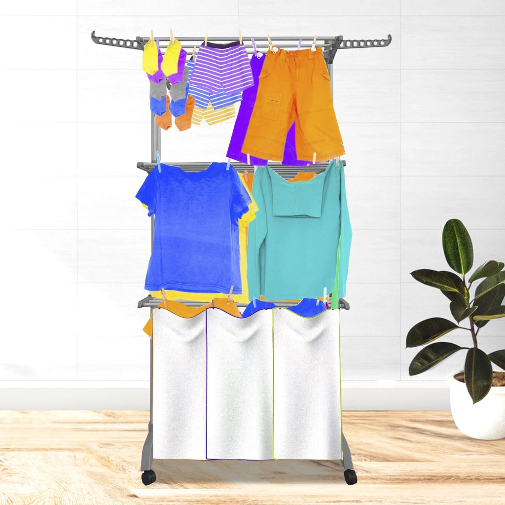 Stendibiancheria XXL Pieghevole Premium Slim Nyana Home | 4 Livelli | Barre in Acciaio | Supporti Laterali per Grucce | Gambe Pieghevoli | 4 Ruote con Freno | Grigio