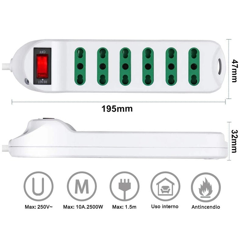 Multipresa Ciabatta Elettrica Cavo 1,5M Con 6 Posti Prese Bipasso 10/16A 2P+T Interruttore Spina 10A Laterale