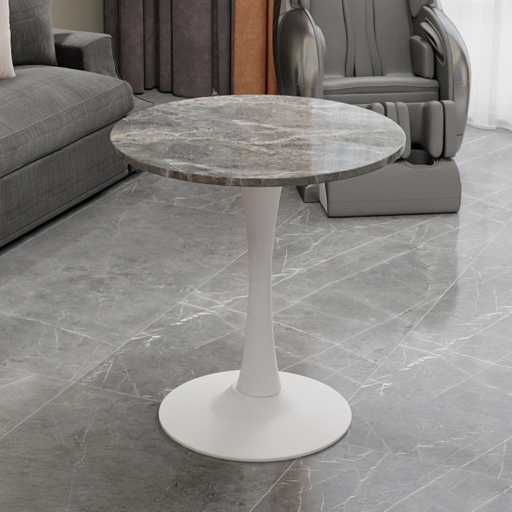 Tavolino rotondo ULEVR in marmo artificiale bianco anticato e grigio, design moderno minimalista