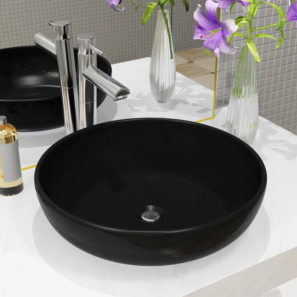 vidaXL Lavandino Tondo in Ceramica Nero 42x12 cm
