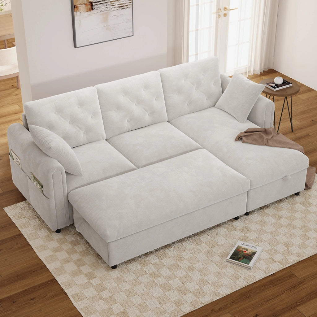 Divano angolare convertibile con chaise longue reversibile e pouf contenitore in velluto beige 219 × 131 × 86 cm